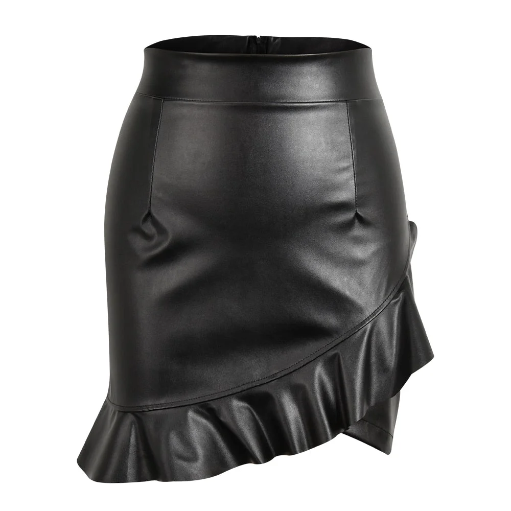 Women Vintage Ruffles Irregular Skirt Sexy PU Leather Party Skirts Solid Bodycon Pencil Mini Skirt Female Faux Leather Skirt D30