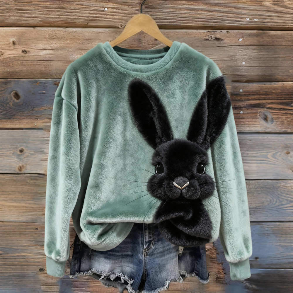 Cute Fuzzy Black Bunny Embroidered Cozy Plush Sweatshirt elevenforest