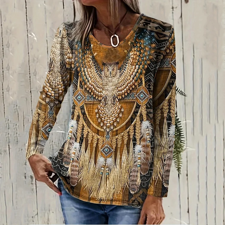 Vintage Western Print Round Neck Long Sleeve T-shirt