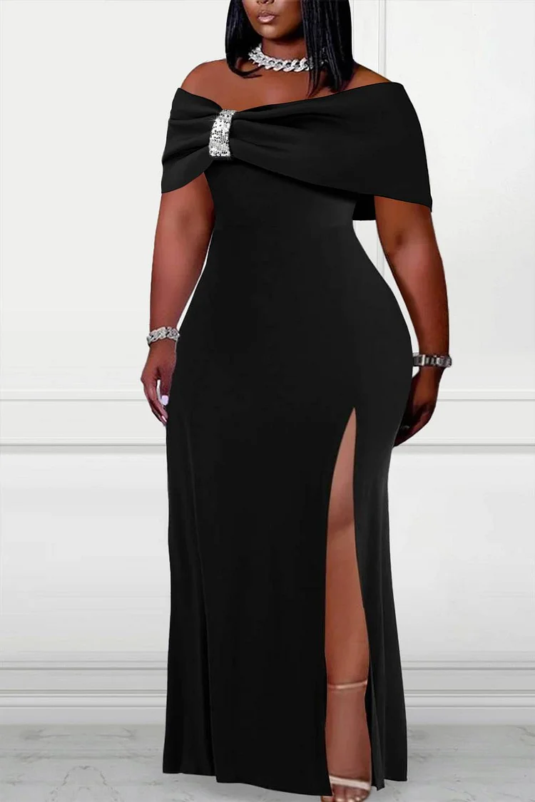 Plus Size Formal Maxi Dresses Elegant Black Fall Winter Off The Shoulder Split Knitted Maxi Dresses [Pre-Order]