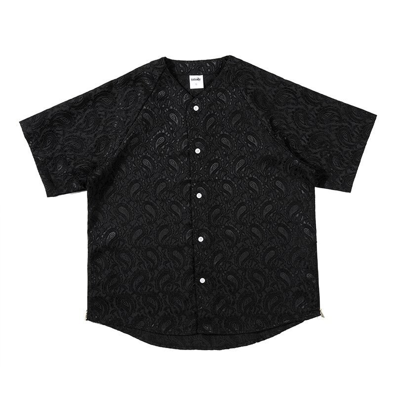 Harajuku Silk Cashew Print Side Zipper Shirt Men's V Neck Oversize Hip Hop Summer Shirts Loose Casual Streetwear Couple Shirts