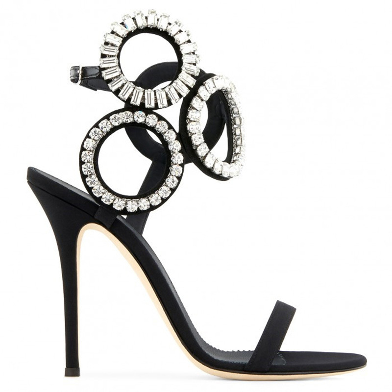 VCSHOES Women Rhinestone Annulus Back Strap Sandals Gladiator Thin High Heels Round Crystal Circle Open Toe Party High Heels