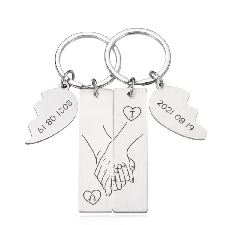 Hand in Hand Couple Keychain Set Personalized Date Initial Heart Matching Couple Gifts