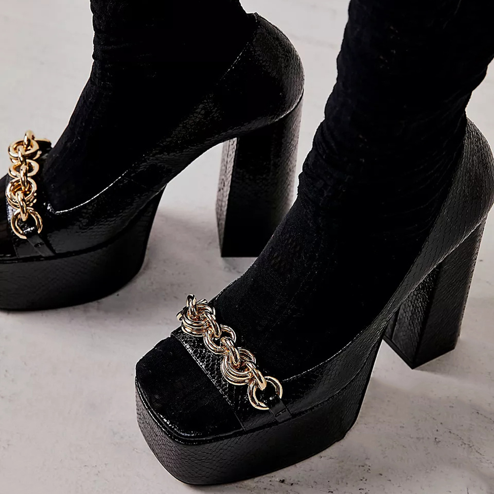 Black Snake Textured Open Toe Platform Chunky Heels with Chains Nicepairs