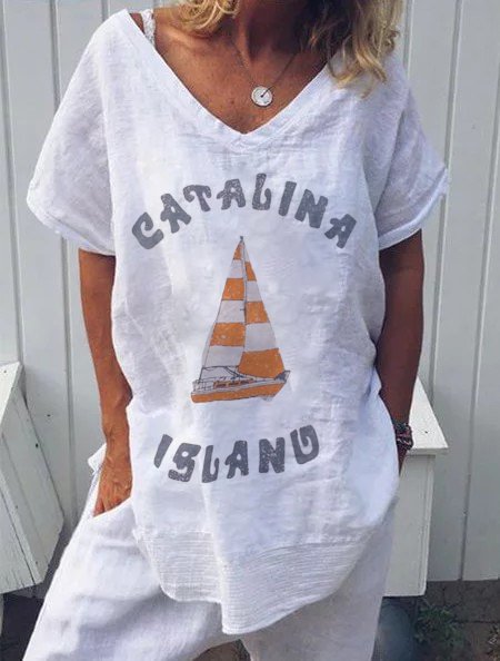 Plus Size Solid Short Sleeve V Neck Island Graphic Casual Tops