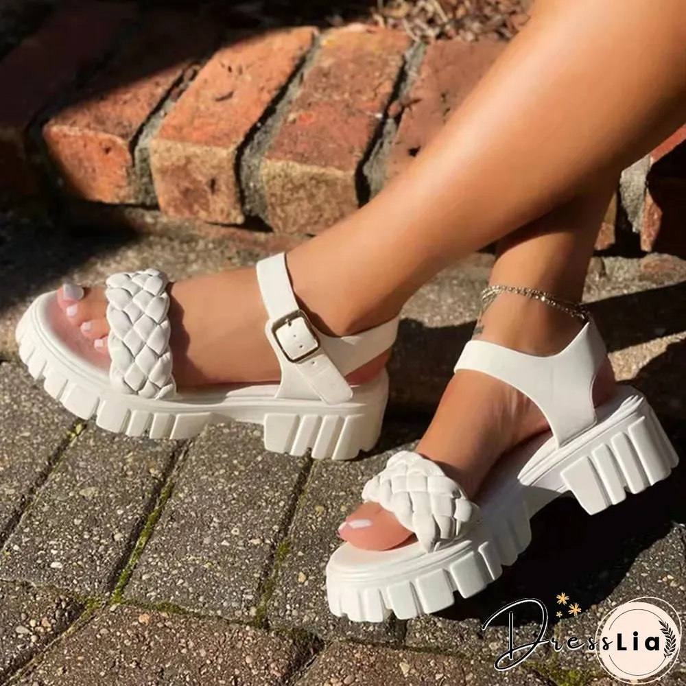 Elegant Women Leather Sandals New Summer Diamond Lattice Sandals Casual Velcro Flat Bottom Platform Sandals Women