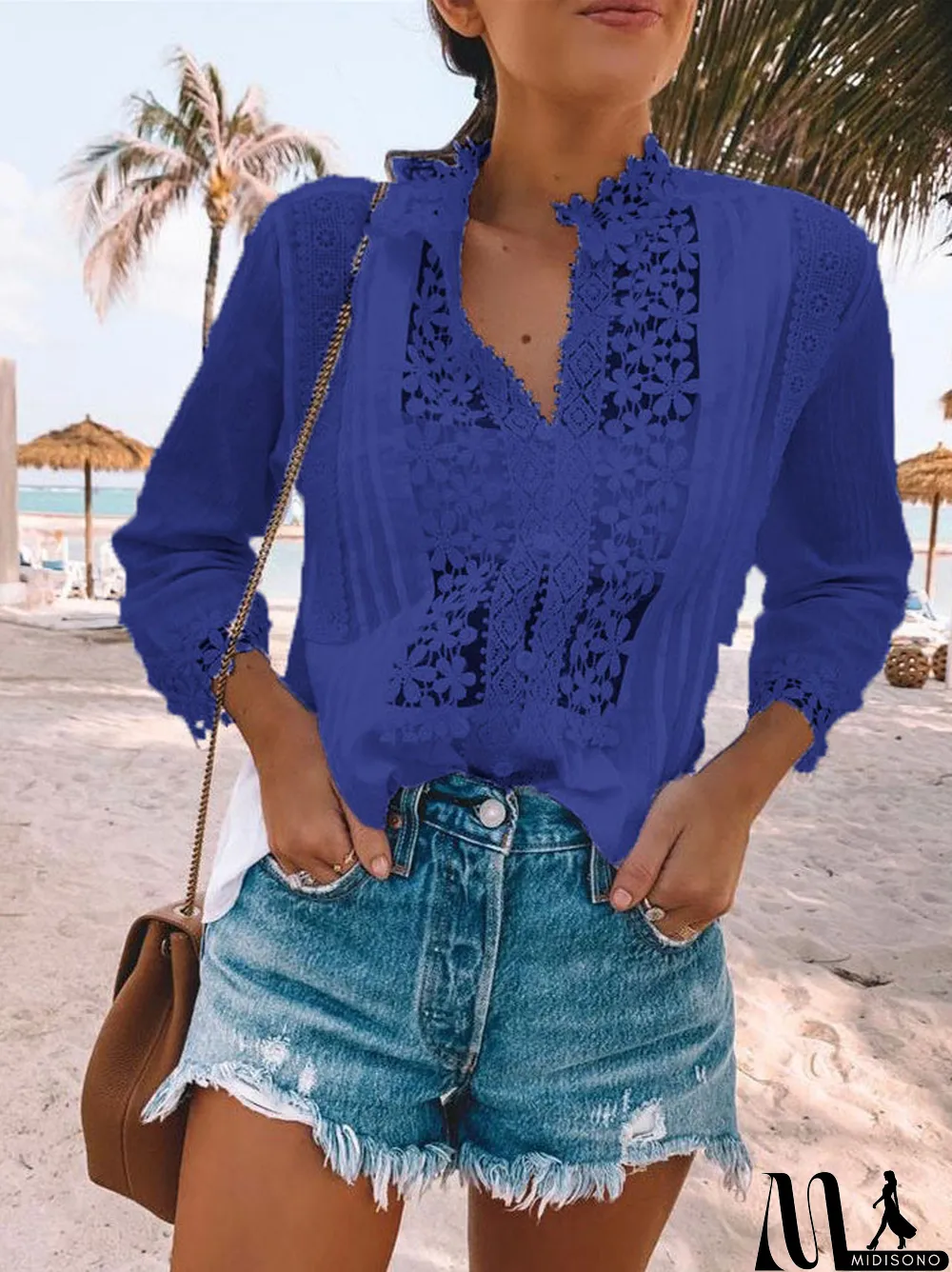 MidiSono - Women's Floral Long Sleeve Floral Printed Lace Tops