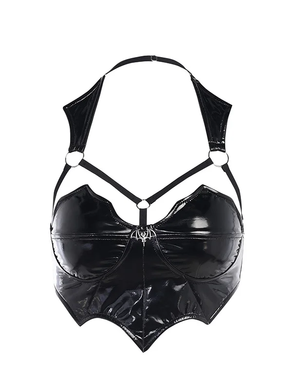 Gothic Dark Bat Suspended Mental Rings Cutout Halter PU Slim Crop Top