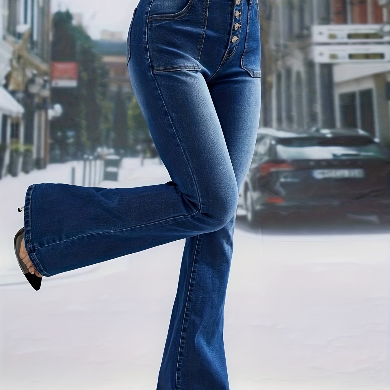 Blue High Waist Flared Jeans, Bell Bottom Single-Breasted Button Slash Pockets Denim Pants, Women's Denim Jeans & Clothing