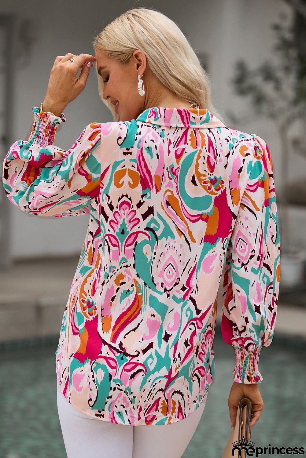 Printed Puff Sleeve Collared Blouse
