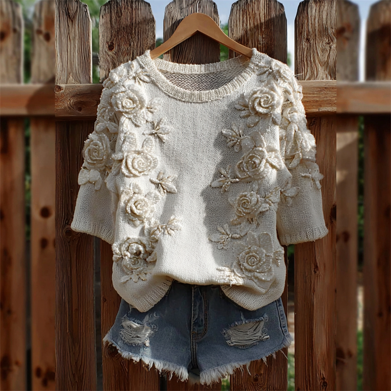 Classy White Roses Crochet Knit Short Sleeve Sweater wearshes