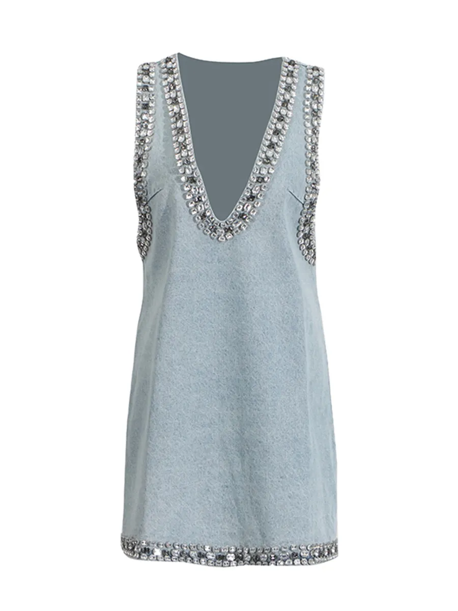 Brownm Fashion Heavy Industry Design Dress Women 2025 Summer New V Collar Drill Splicing High-End Sense Slings Denim Skirt