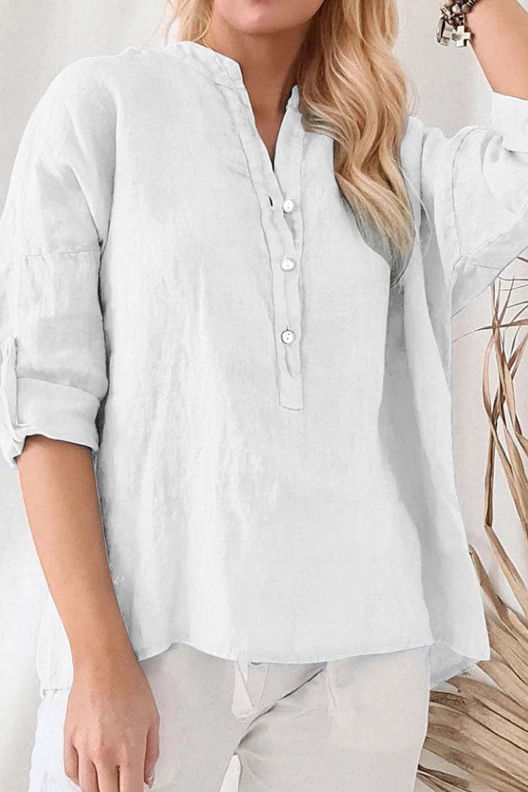 Half Button Up Linen Round Neck Shirt