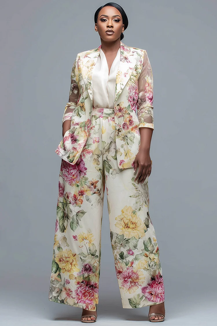 Xpluswear Design Plus Size Formal Beige Floral Lapel Collar 3/4 Sleeve See Through Pocket Two Piece Pant Suits [Pre-Order] 2024 - Xpluswear