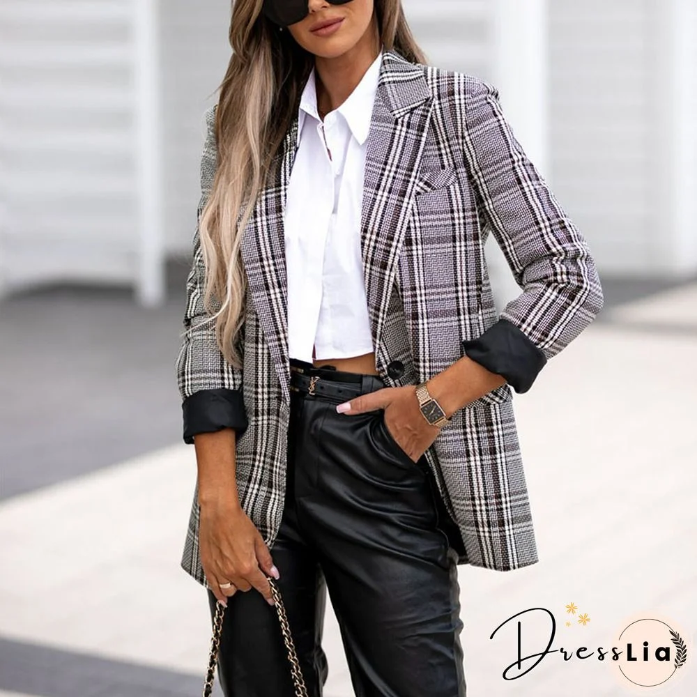 Autumn New Fashion Handsome Plaid Blazer Women Casual Slim Long Sleeve Cardigan Suit Vintage Simple Commuter Printed Jacket Coat