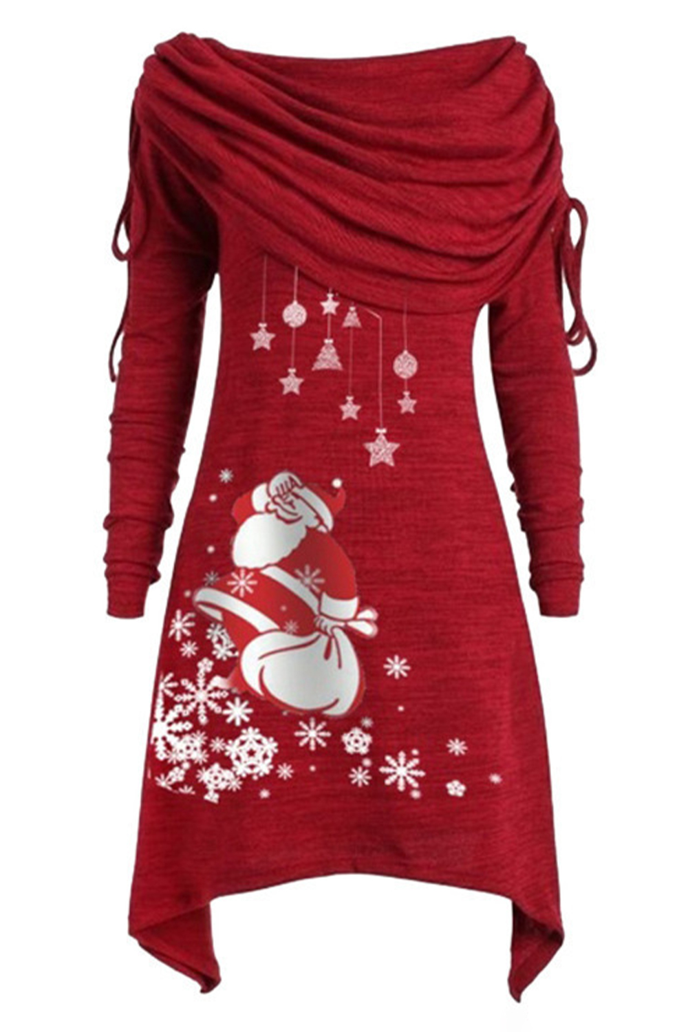 Plus Size Christmas Red Santa Claus Snowflake Print Long Sleeve Irregular Hem Midi Dress