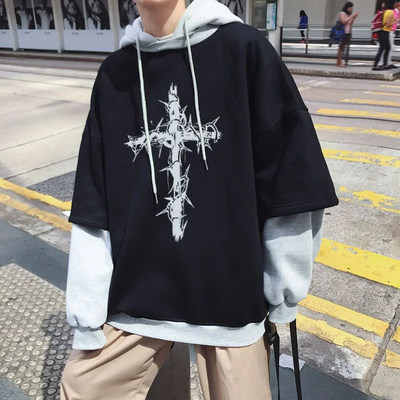 Hooded plus size sweatshirt men's Hong Kong style all-match loose Korean trend hoodies autumn winter preppy fake two streetwear