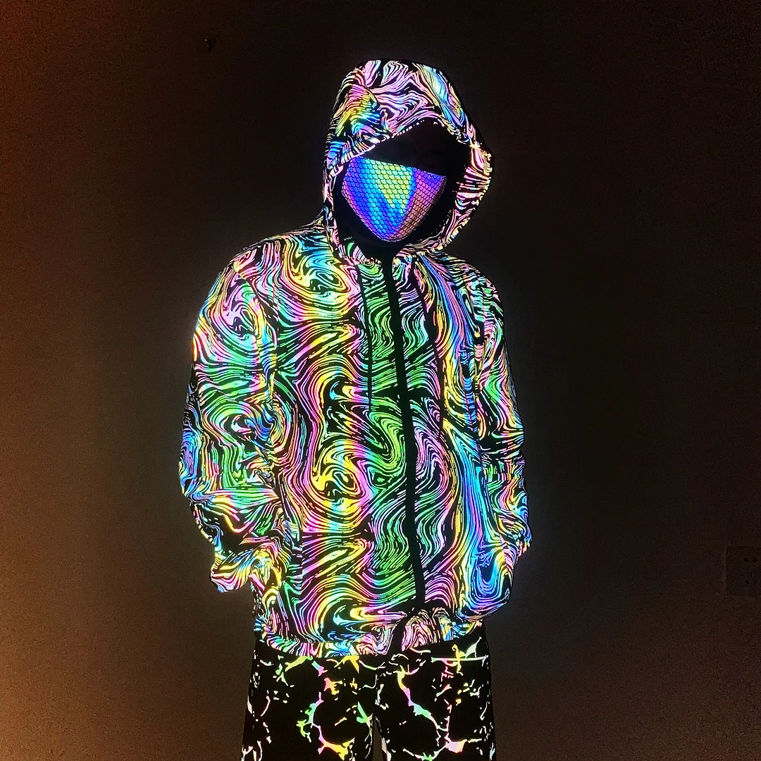 Toloer New Colorful Reflective Jacket For Men's Colorful Starry Sky Knit Breathable Stretch Hooded Jacket Jacket-Outfit Ideas