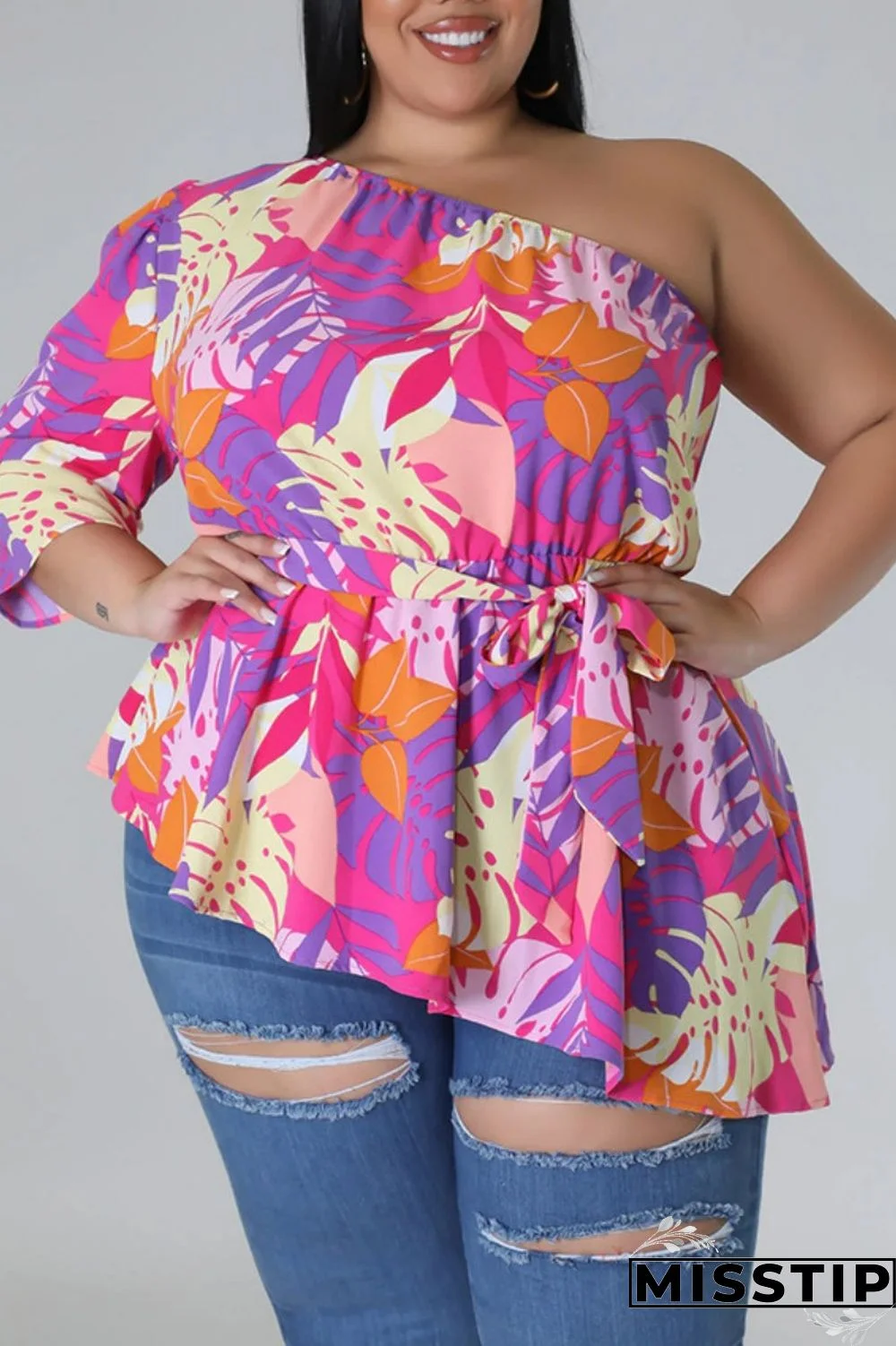 Black Yellow Casual Print Backless Oblique Collar Plus Size Tops