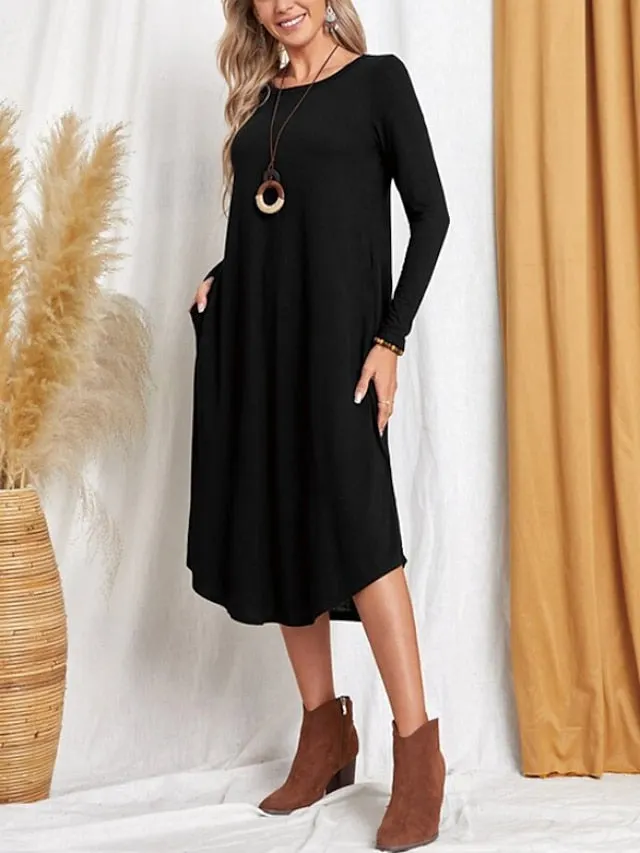 Casual Dress Shirt Black Midi Indigo Rouge Long Sleeve Pure Color Pocket Summer Spring
