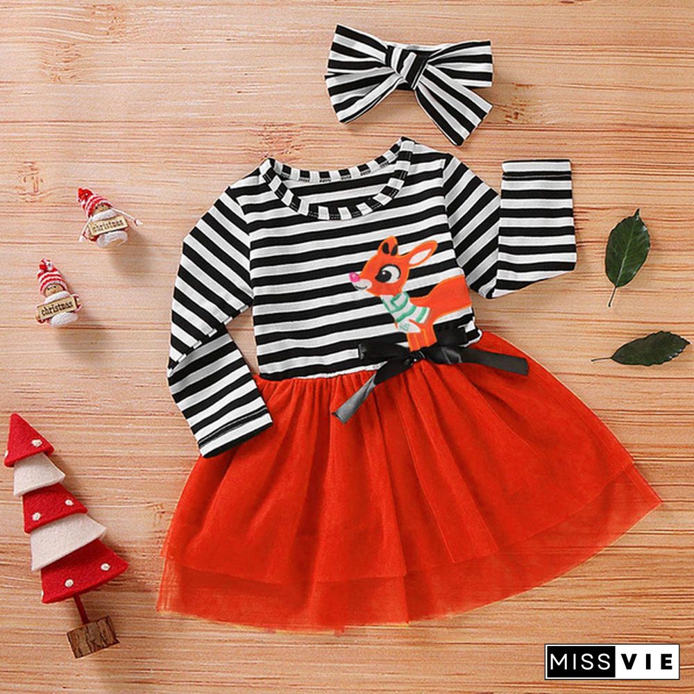 New Fashion Toddler Baby Girls Cute Christmas Santa Striped Print Tulle DressHeadband