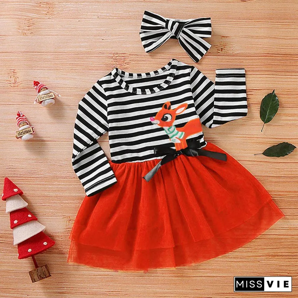 New Fashion Toddler Baby Girls Cute Christmas Santa Striped Print Tulle DressHeadband