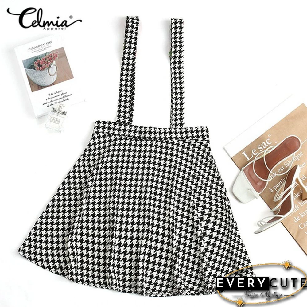 Summer Women Plaid Loose Swing Strap Skirt Dress Casual Suspender Skirt Plus Size