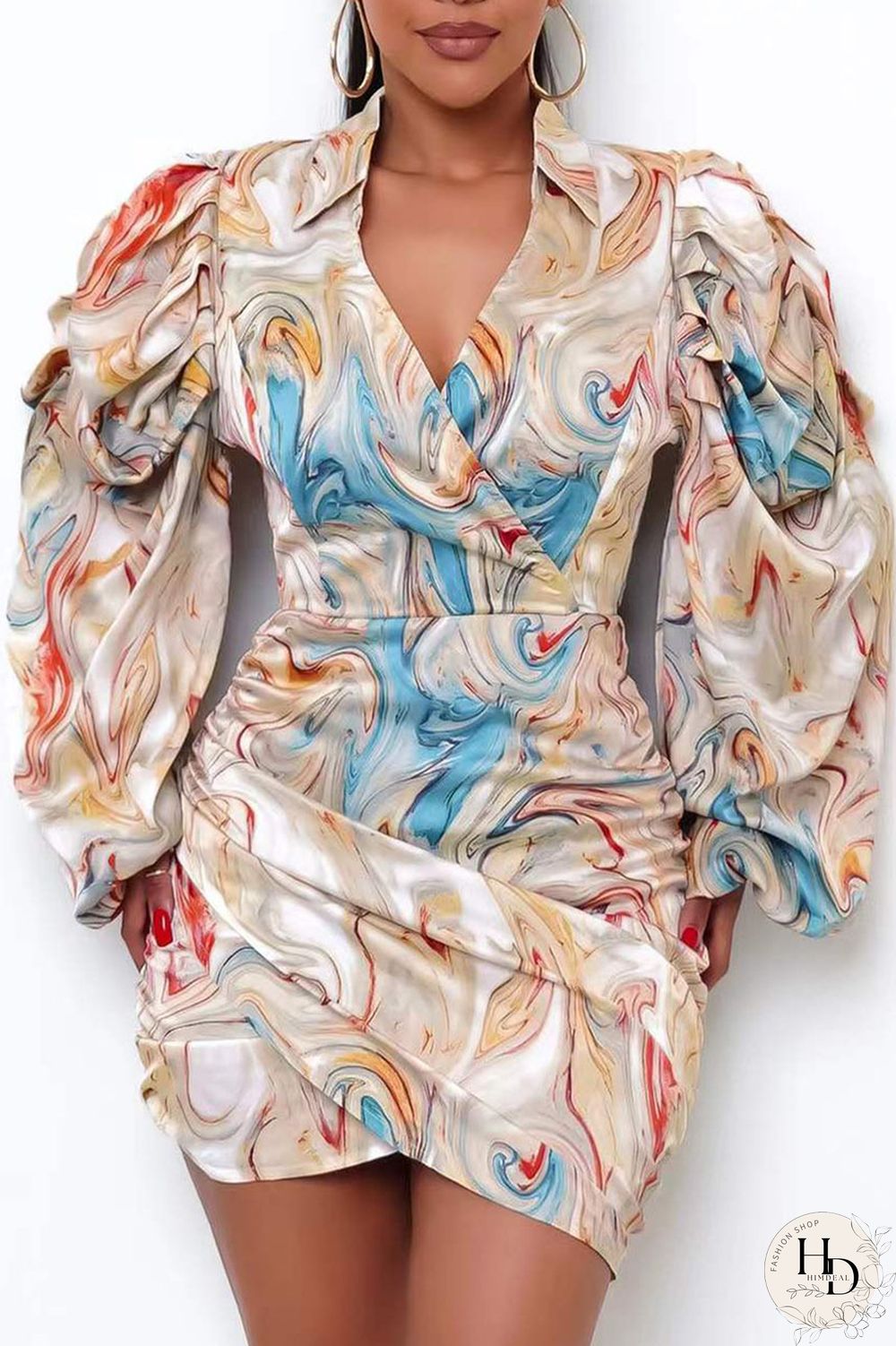 Beige Sexy Print Split Joint V Neck One Step Skirt Dresses