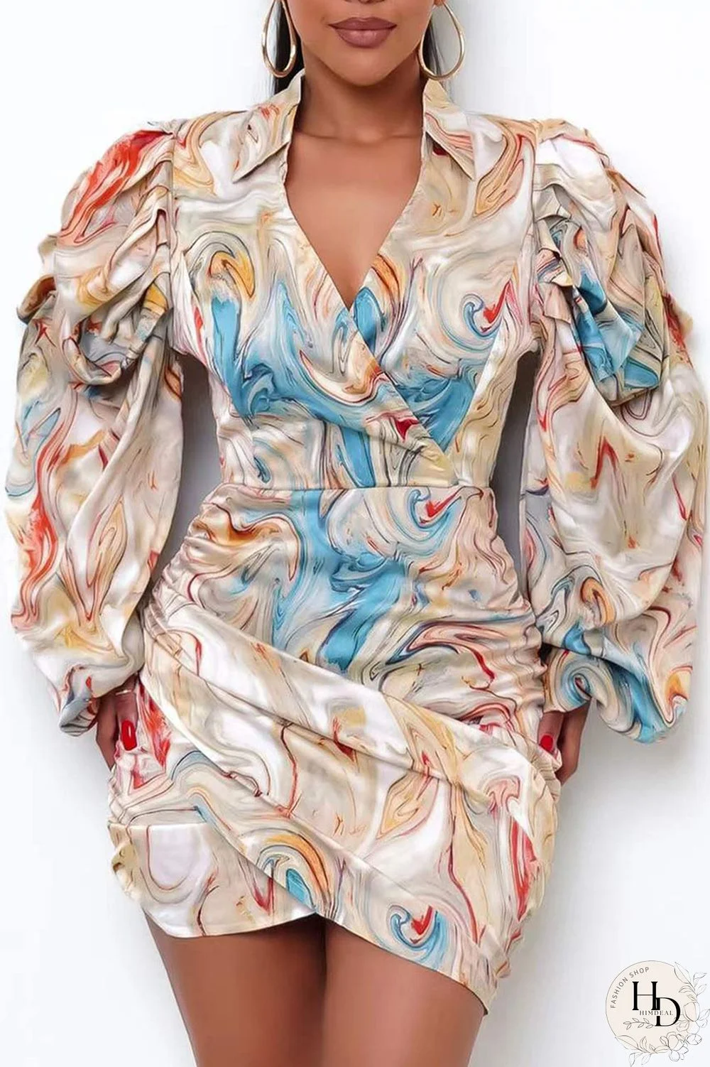 Beige Sexy Print Split Joint V Neck One Step Skirt Dresses