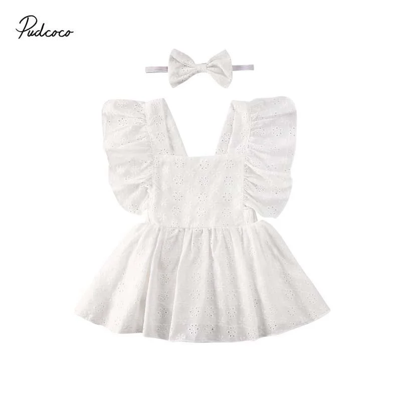 2020 Baby Summer Clothing 2PCS Newborn Kids Baby Girl Clothes Lace Ruffled Romper Dress Floral Jumpsuit Solid White Outfits