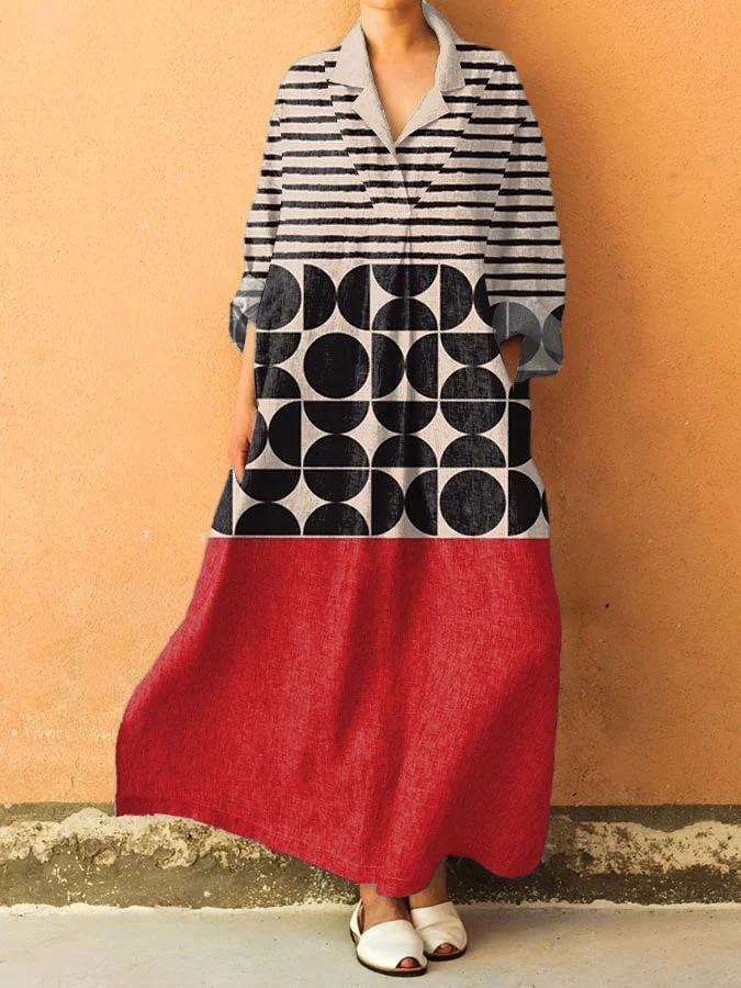 Women's Vintage  Abstract Geometry  Art Print V-Neck Pocket Cotton Dress