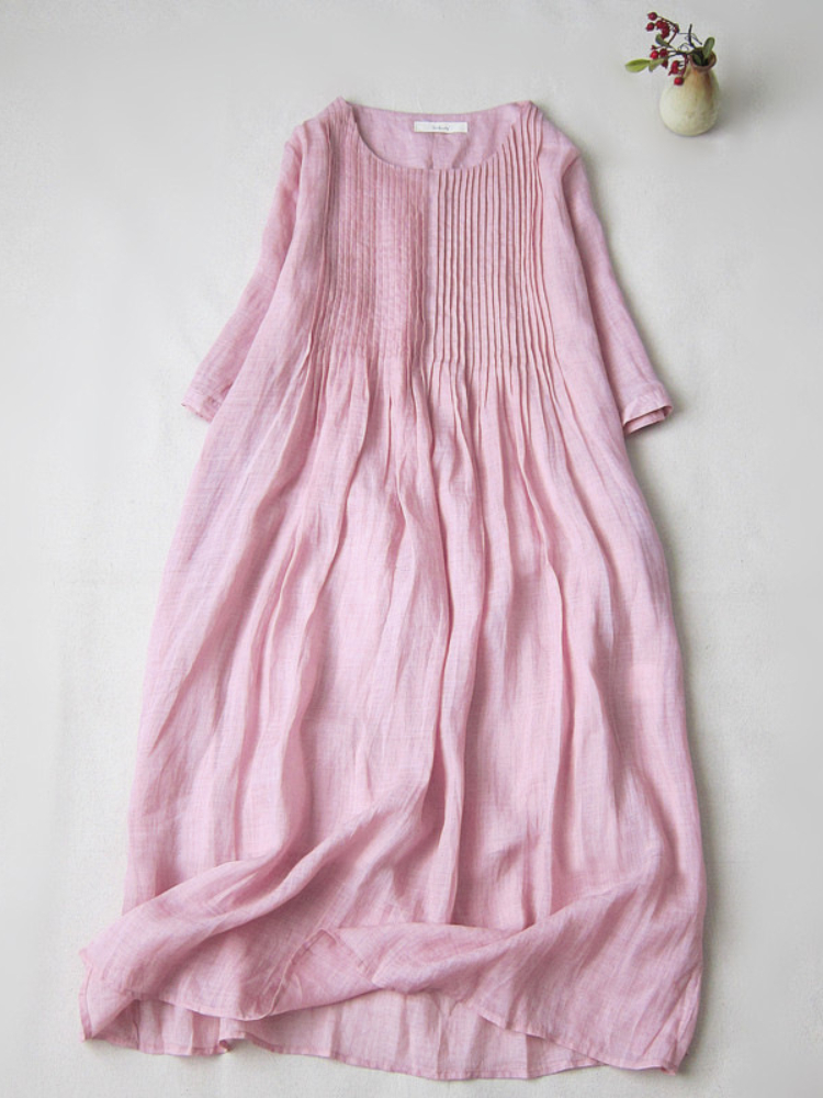 Women's Pleated Mid-length Thin Spring and Summer Linen Dress