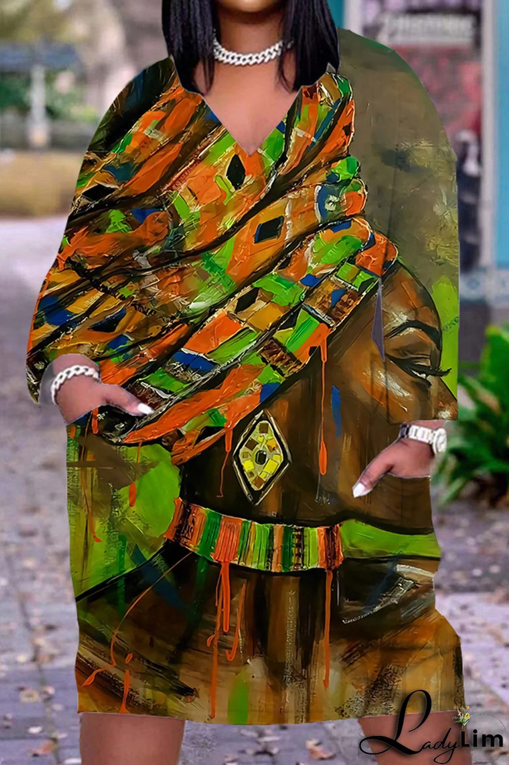 Black Yellow Fashion Casual Print Patchwork V Neck Long Sleeve Dresses