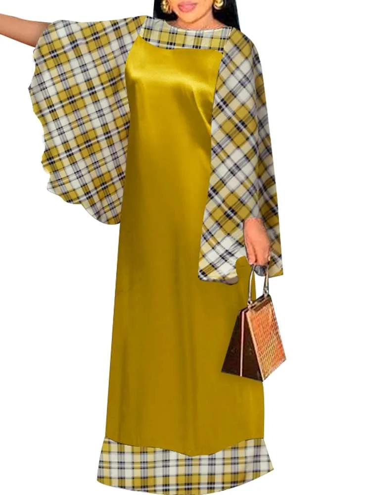 Patchwork Plaid Dress Holiday Party Maxi Long Dress VONDA 2022 Women Casual Vintage Long Sleeve Vestidos Oversized Robe Femme