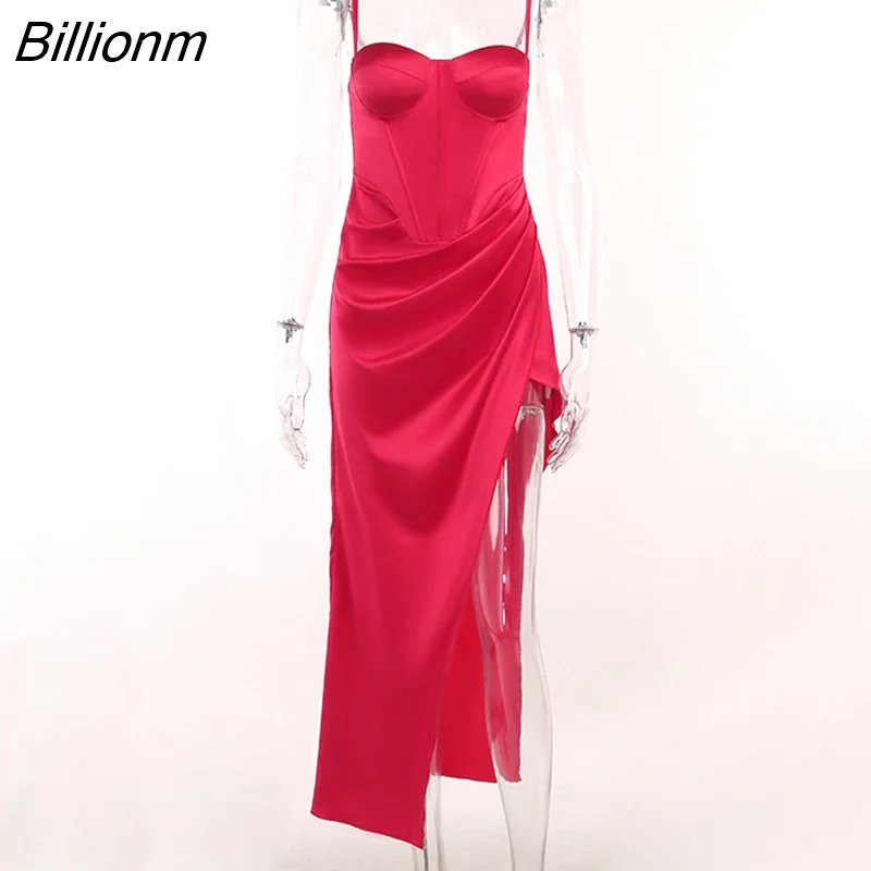 Billionm Elegant Satin Spaghetti Strap High Split Midi Dress For Women Robe 2022 New Backless Ruched Party Long Dresses Vestido