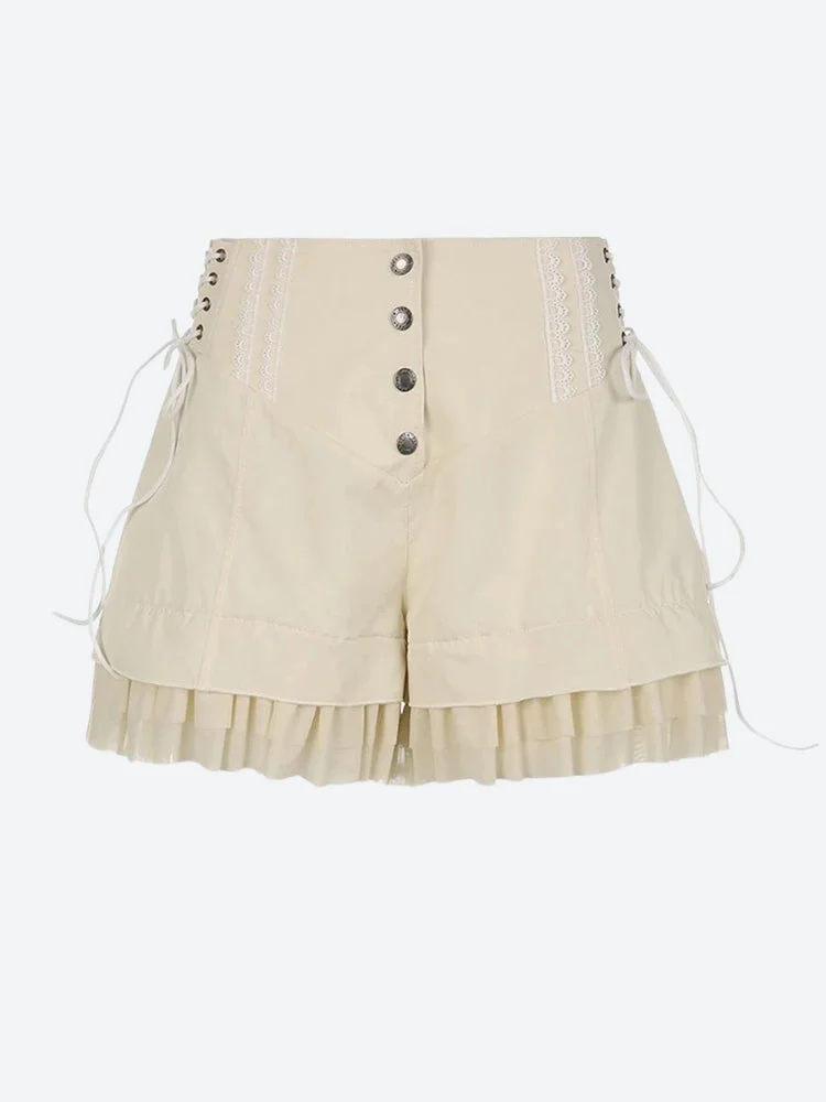 Brownm Ruffled Lace Up Shorts