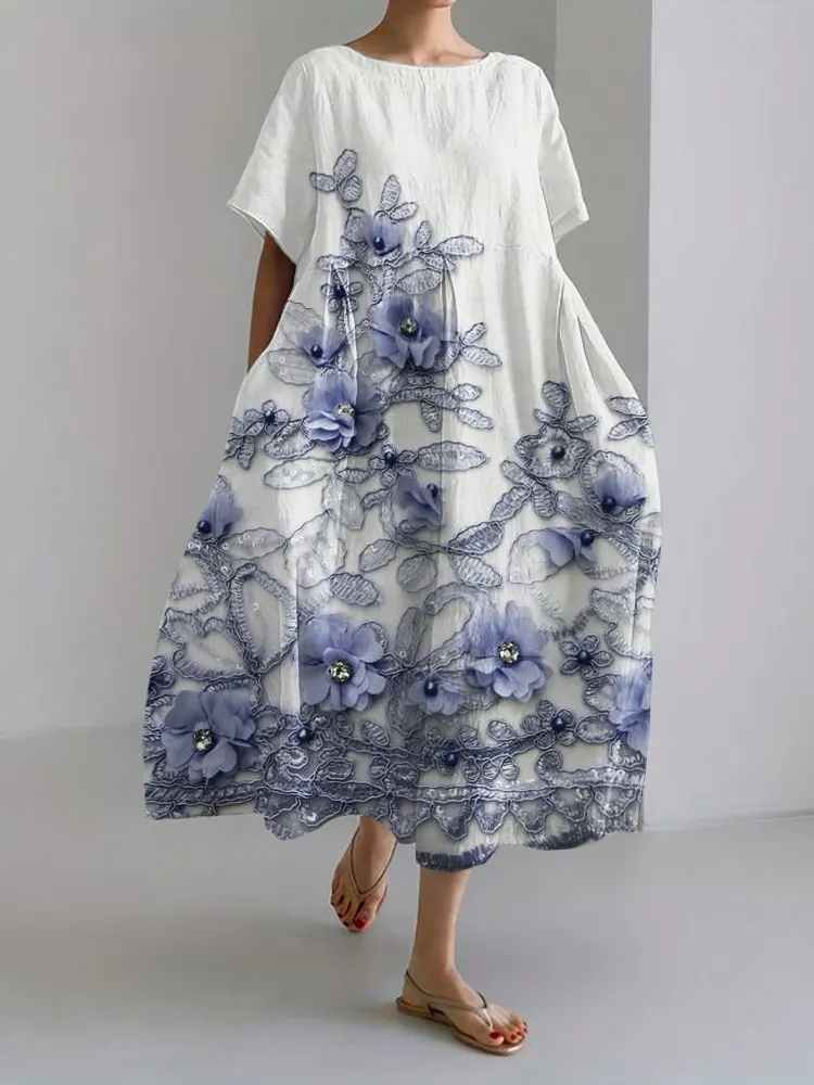 Elegant 3D Floral Embroidered Linen Blend Maxi Dress