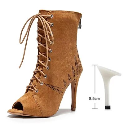 VCshoes Woman Brown Flannel Latin Dance Boots Women High Heel Stiletto Bootie Ladies Rhinestone Jazz Dance Shoes Slim Heel 8.5cm