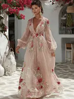 Women's Pink Rose Embroidered Linen Blend V-neck Dress