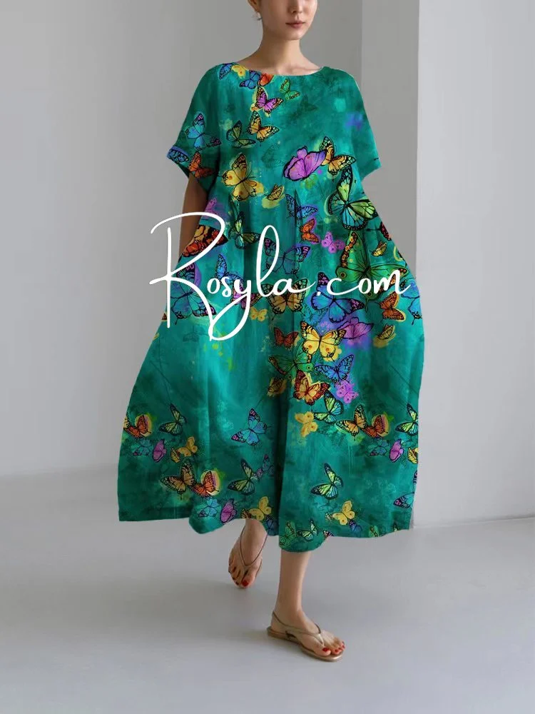 Women's Colorful Butterfly Print Loose Round Neck Medium Length Skirt Dress