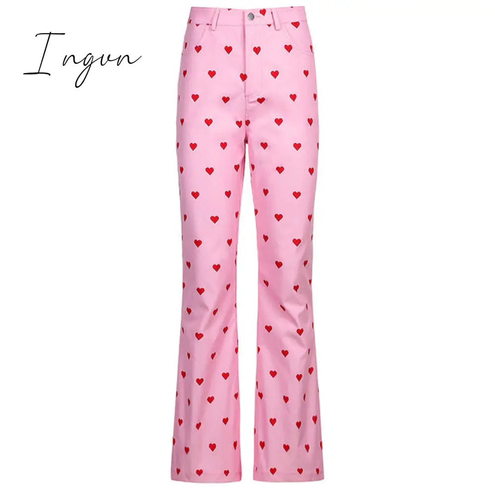 Ingvn - Y2K Pink Pants Heart Printed Sweet Trousers Vintage Aesthetic Party Pockets Joggers
