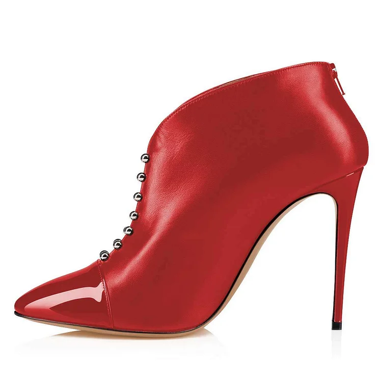 Red Pointy Toe Studs Stiletto Heel Ankle Booties |FSJ Shoes
