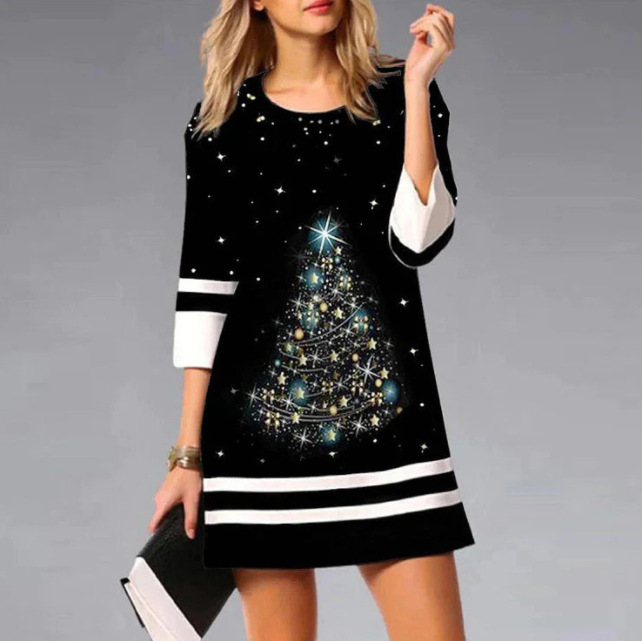 Christmas Printed 3/4 Sleeve Crew Neck Dress