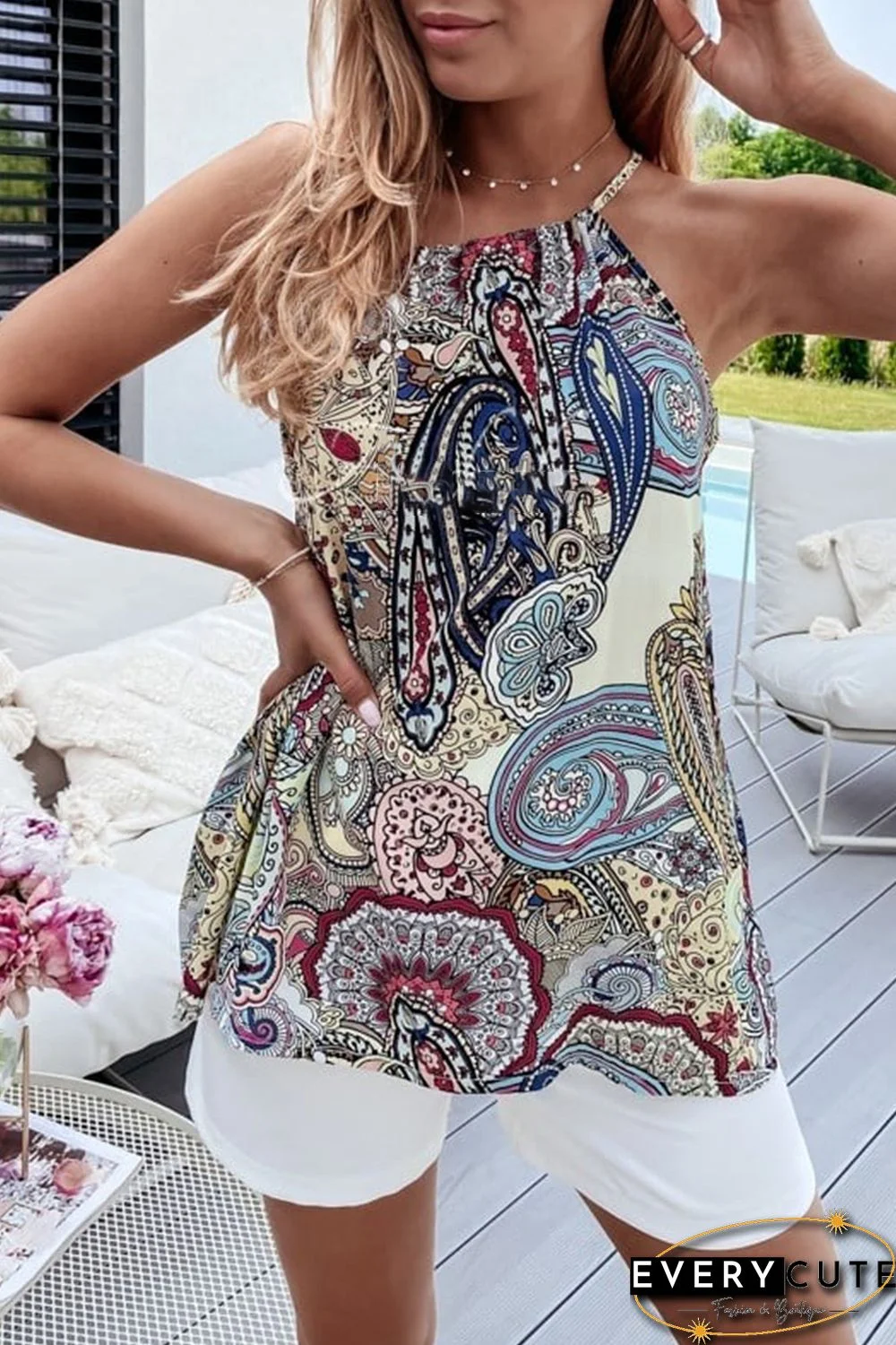 Khaki Boho Paisley Print Spaghetti Strap Tank Top