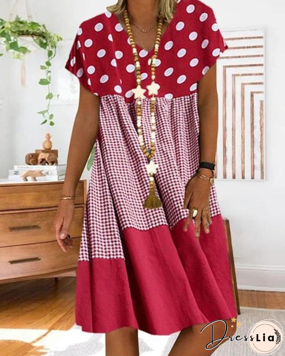 Women Polka Dot Plaid Stitching Short Sleeve V-Neck Dress