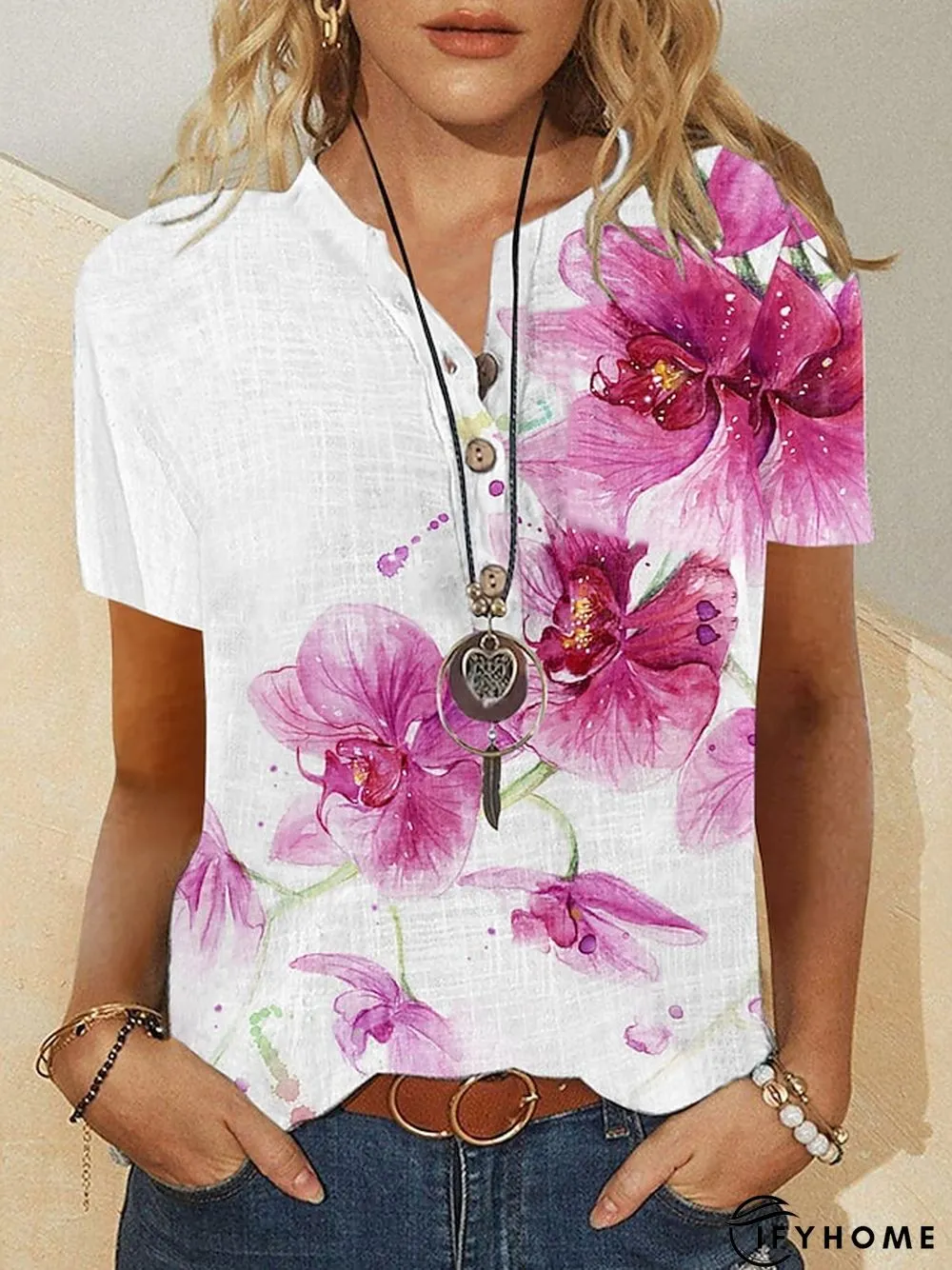 Womens Shirt Blouse White Red Blue Floral Button Print Short Sleeve Holiday Weekend Basic | IFYHOME