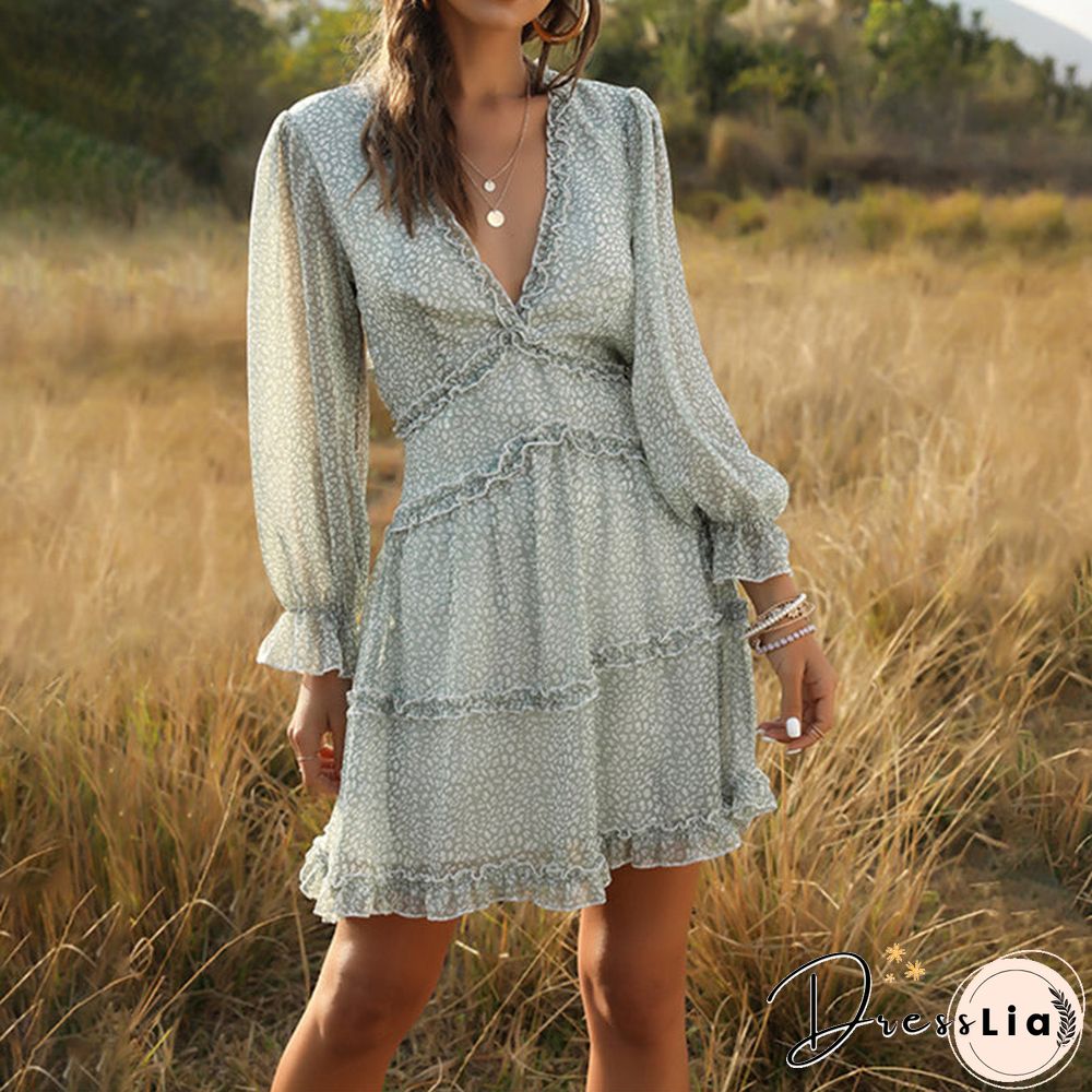 Ditsy Floral Prints Ruffle Edge Tiered Long Sleeve Boho Dress