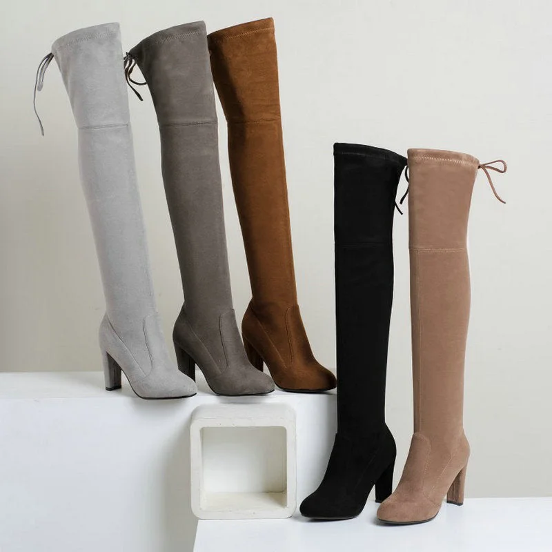 NEMAONE Women Stretch Faux Suede Thigh High Boots Sexy Fashion Over the Knee Boots High Heels Woman Shoes Black Gray Winered