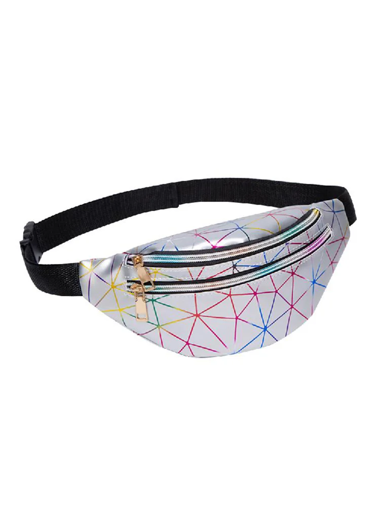 Women Laser Waist Messenger Bag PU Geometric Travel Chest Purse (Silver)