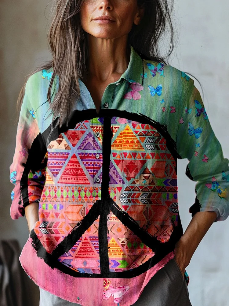 Women's Vintage Love and Peace Hippie Floral Art Print Casual Cotton And Linen Shirt